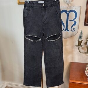 Blue b. Black Distressed Jeans with Rhinestone Detailing